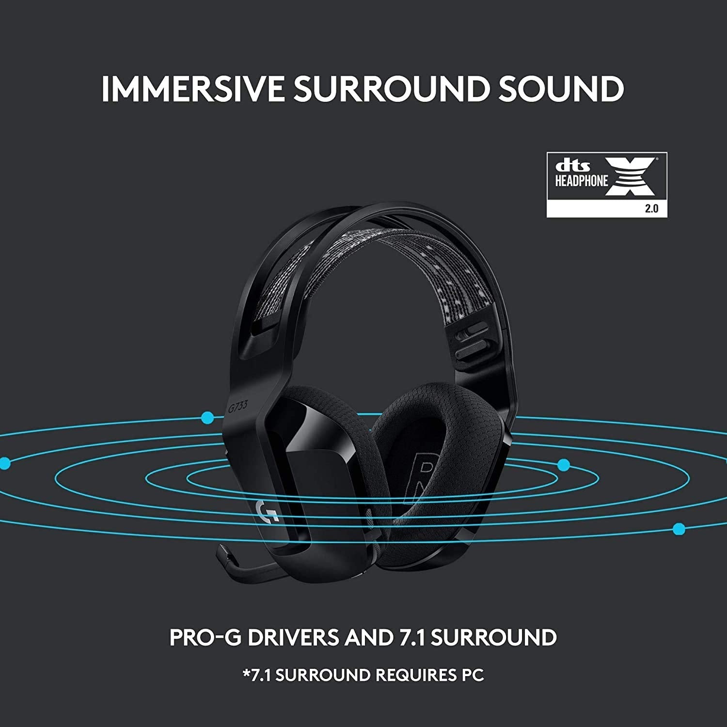 Logitech G733 Lightspeed RGB Wireless Gaming Headphone with PRO-G 40mm Driver and 6mm Boom Microphone