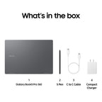 Samsung Galaxy Book5 Pro 360 shown with included accessories on a white background under the heading 'What's in the box': the laptop, an S Pen stylus, a C to C Cable, and a Compact Charger.