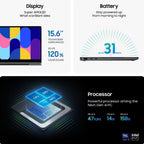 Promotional infographic for an Intel Core Ultra laptop, featuring sections for Display, Battery, and Processor. The top half shows a laptop with colorful abstract graphics, highlighting a 15.