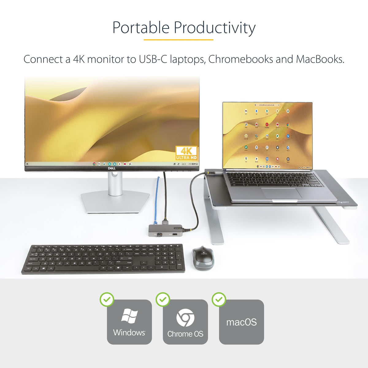 4K monitor, laptop, keyboard, and mouse setup with connectivity options on a white background.
