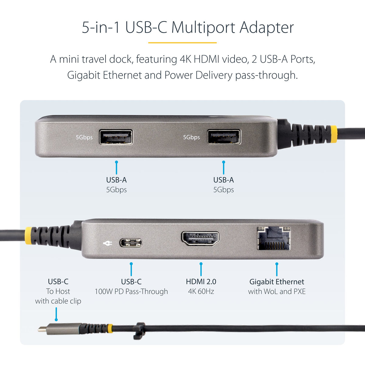 5-in-1 USB-C Multiport Adapter with labeled ports on a white background