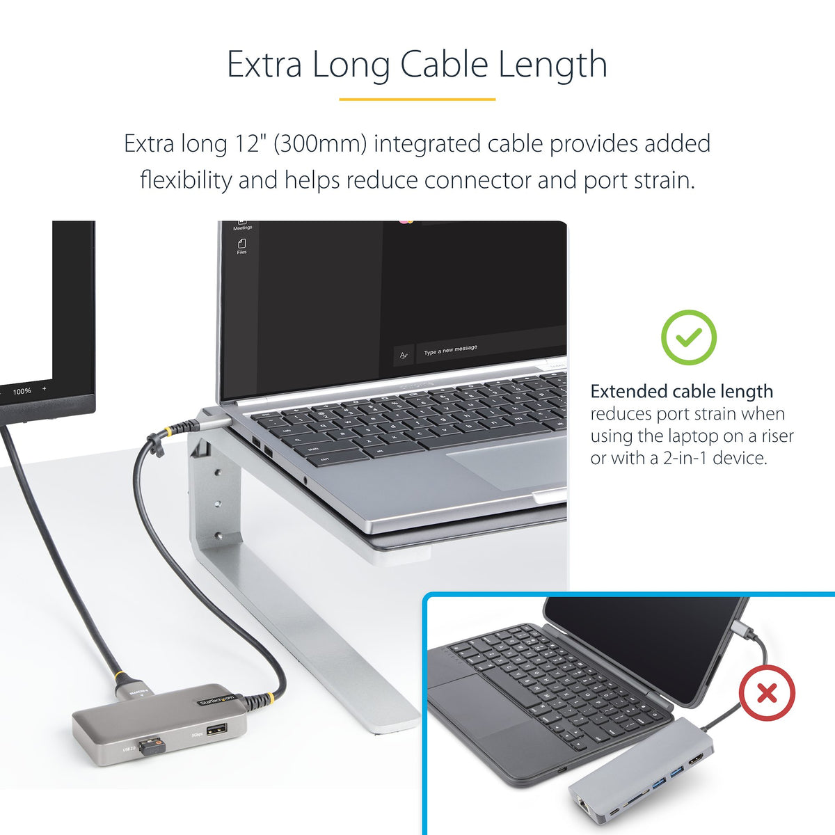 Laptop with extended cable on riser, emphasizing extra long cable length feature.