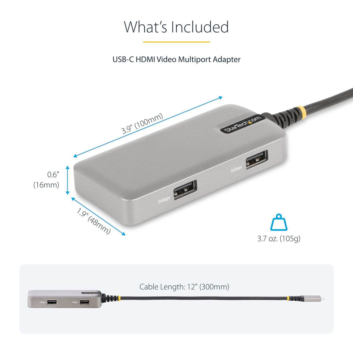 USB-C HDMI Video Multiport Adapter with dimensions and cable length on a white background