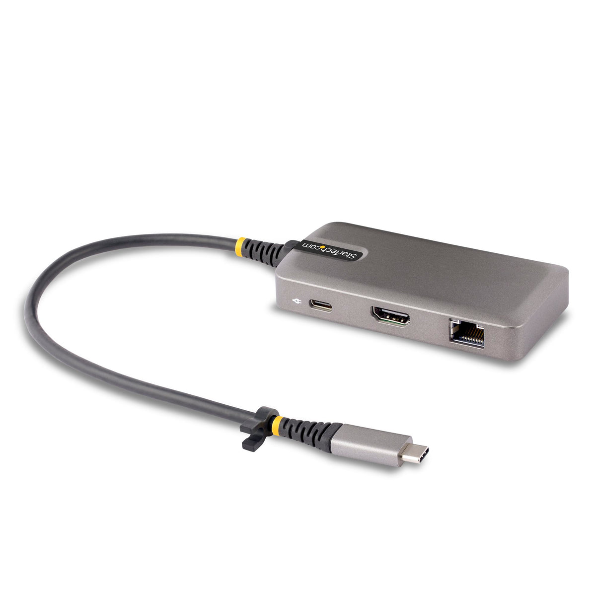 USB-C hub with multiple ports on a white background