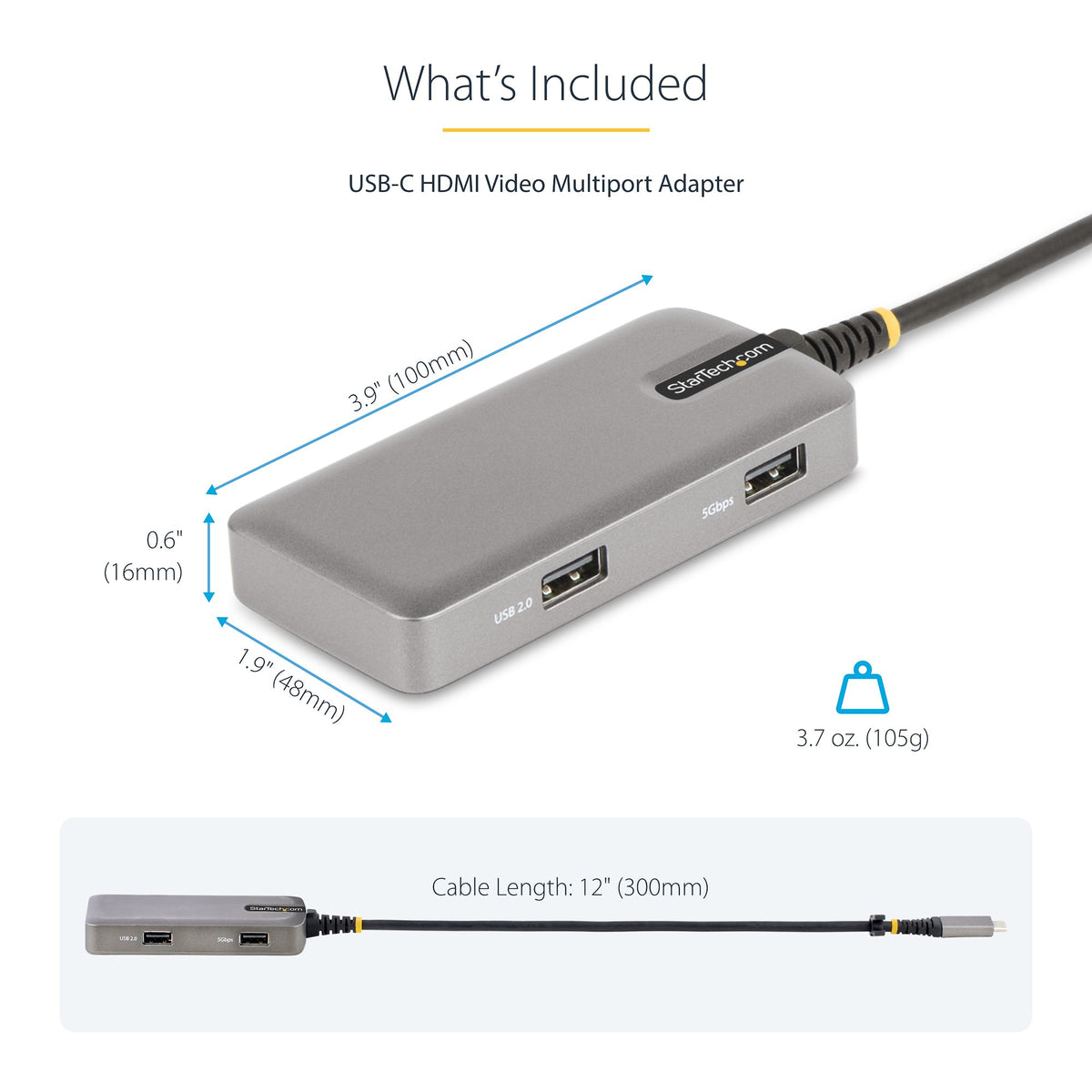 StarTech USB‑C Multiport Adapter – detailed view of the branding and port labels (G‑EG view)