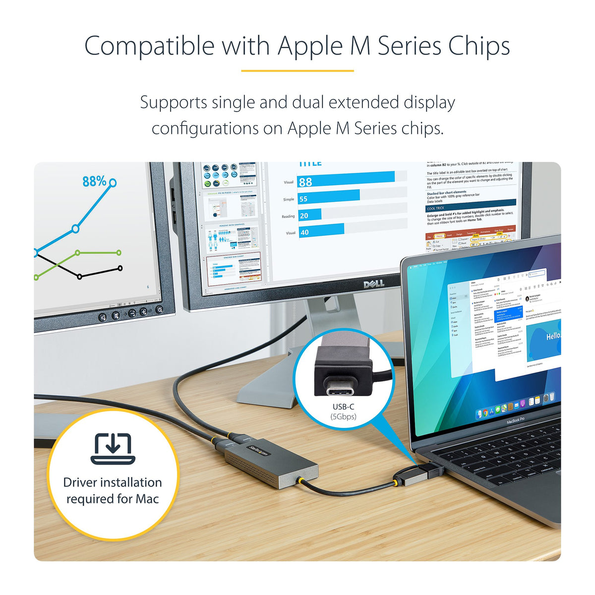 StarTech adapter with both HDMI ports highlighted for dual‑display connection