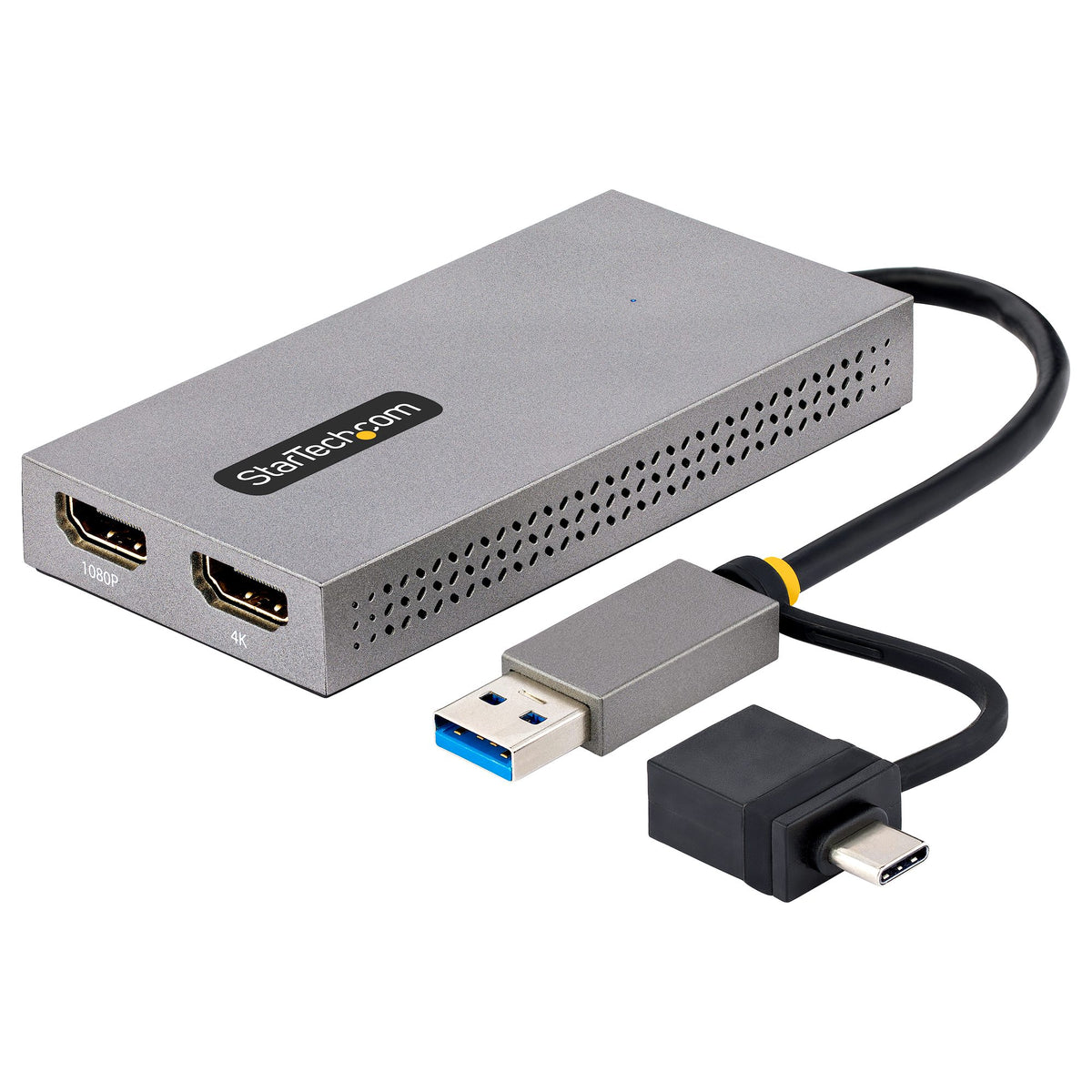 StarTech USB-A/USB-C to Dual HDMI Adapter shown on white background as the main product view