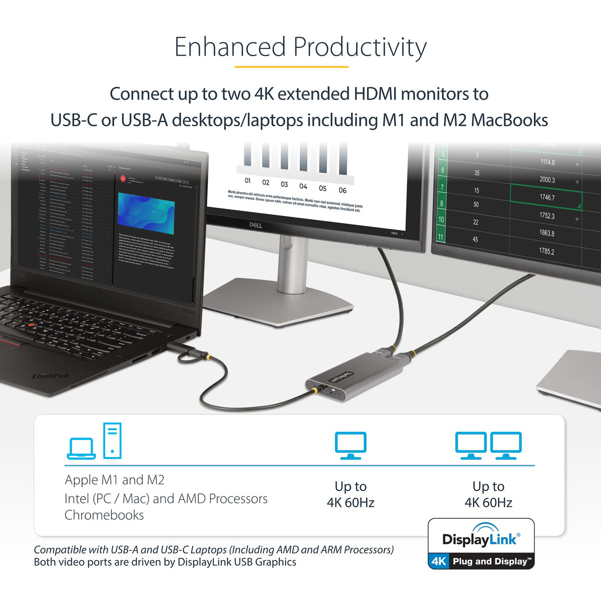 StarTech USB-C/USB-A to Dual HDMI Adapter – close‑up of the integrated 30 cm cable and USB‑C connector