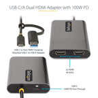 StarTech USB-C/USB-A to Dual HDMI Adapter – side angle highlighting dual HDMI ports and USB‑A option