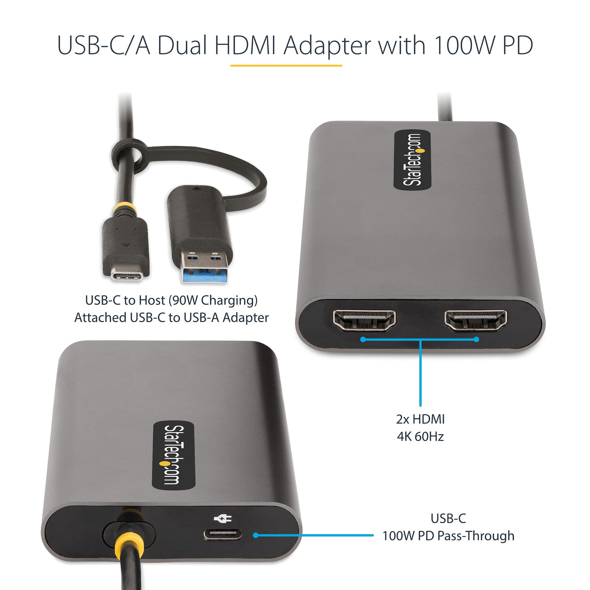 StarTech USB-C/USB-A to Dual HDMI Adapter – side angle highlighting dual HDMI ports and USB‑A option