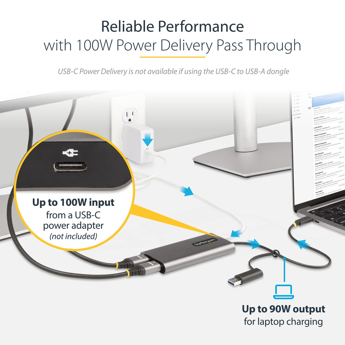 StarTech USB-C/USB-A to Dual HDMI Adapter – front perspective displaying HDMI output labels and power‑delivery port