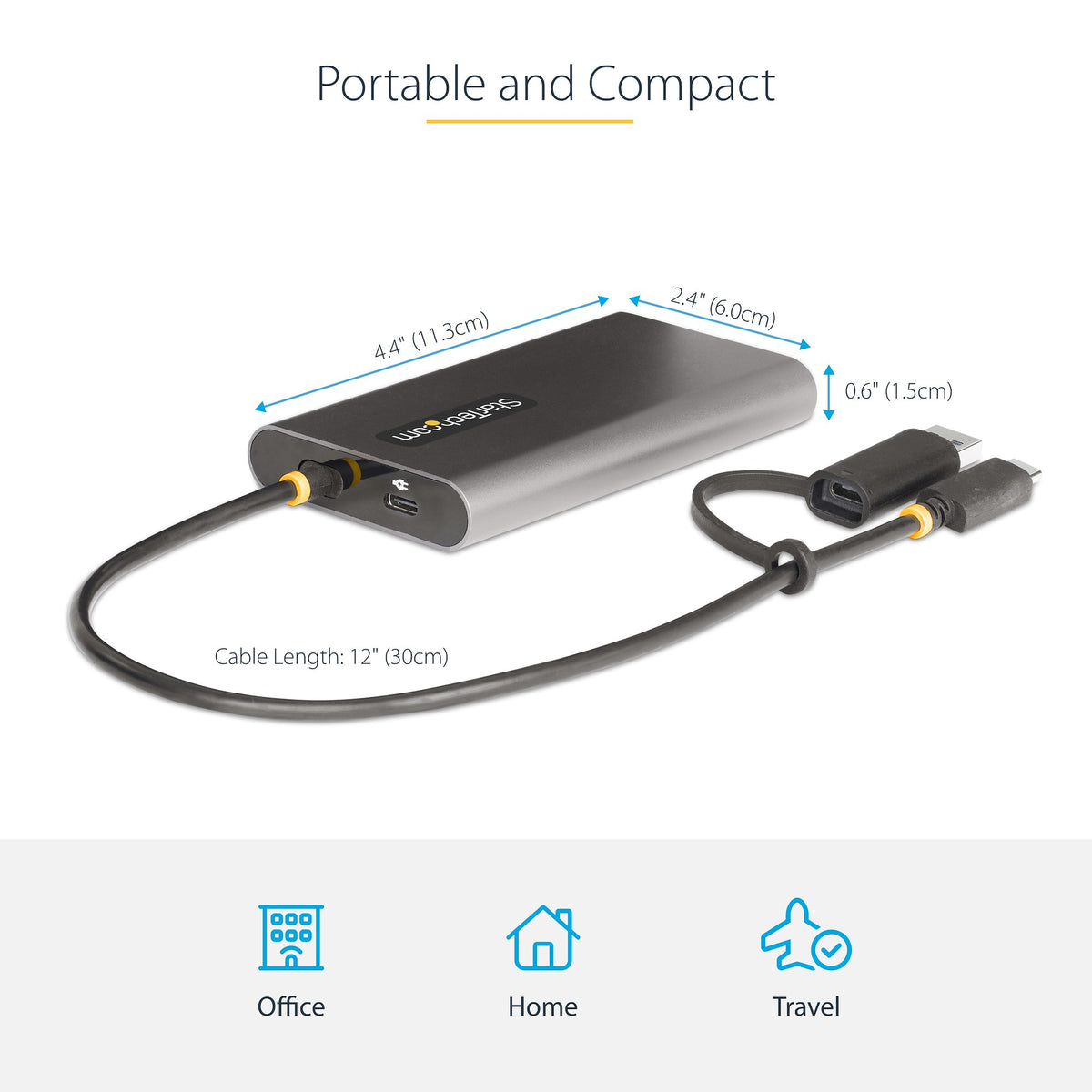 StarTech USB-C/USB-A to Dual HDMI Adapter – layout view emphasising dual HDMI ports and USB‑C/USB‑A connections