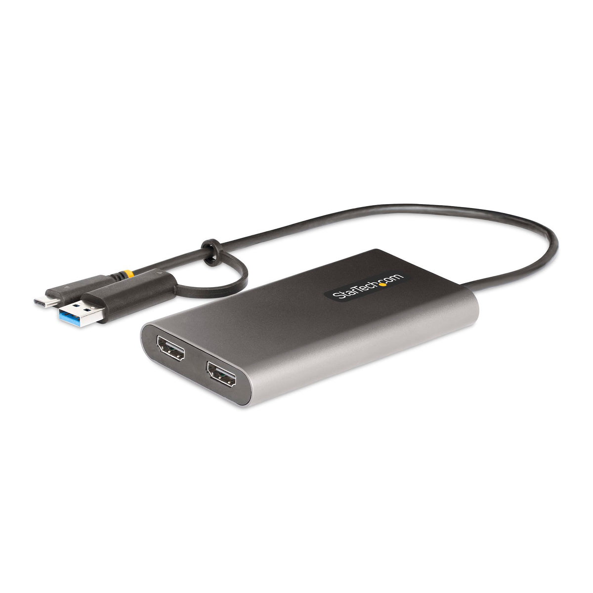 StarTech USB-C/USB-A to Dual HDMI Adapter – main product view showing compact aluminium‑plastic housing