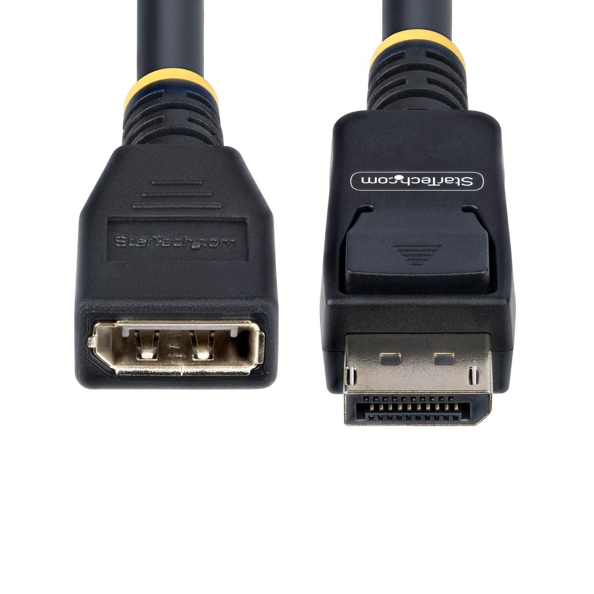 StarTech 10 ft DisplayPort 1.4 Extension Cable packaged with accessories, ready for shipping