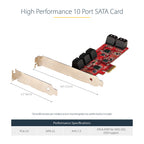 StarTech 10P6G-PCIE-SATA-CARD 10-Port SATA PCIe Expansion Card – 6Gbps, 2-Year Warranty showing the card from a left side