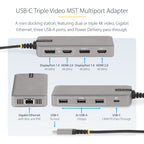StarTech 117B-USBC-MULTIPORT Triple Monitor USB-C Dock – 4K, 100W PD, 3-Year Warranty showing view of dock