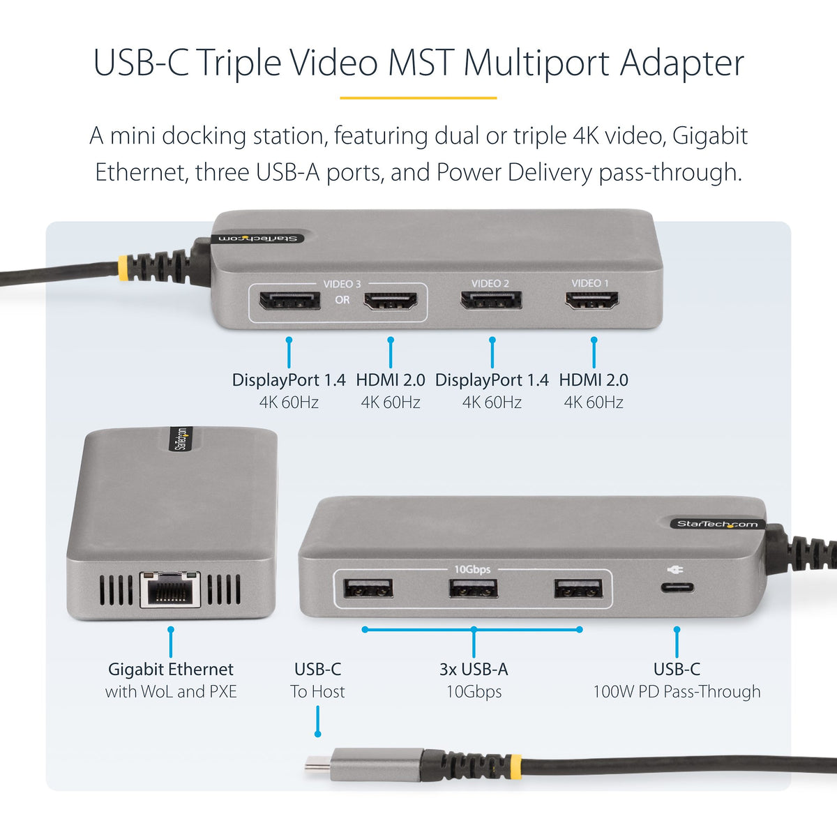 StarTech 117B-USBC-MULTIPORT Triple Monitor USB-C Dock – 4K, 100W PD, 3-Year Warranty showing view of dock