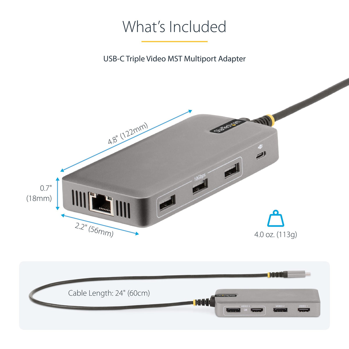 StarTech 117B-USBC-MULTIPORT Triple Monitor USB-C Dock – 4K, 100W PD, 3-Year Warranty shown from a front angle