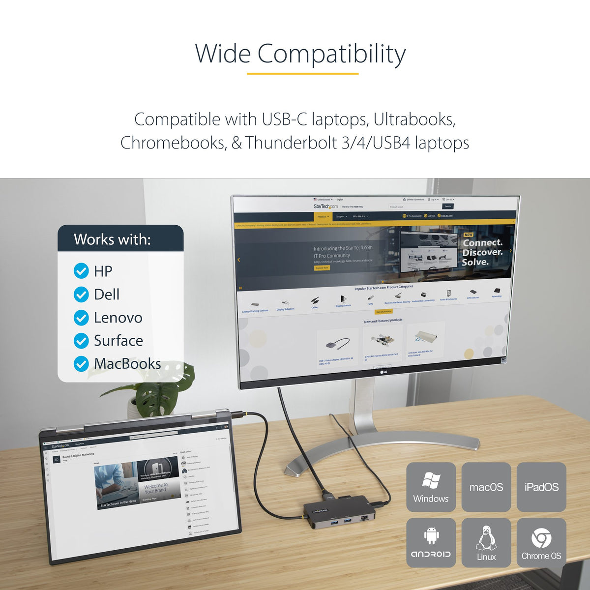 StarTech 120B-USBC-MULTIPORT USB-C Dock – Dual 4K 60Hz HDMI, Gigabit Ethernet, 100W PD, 3-Year Warranty front view