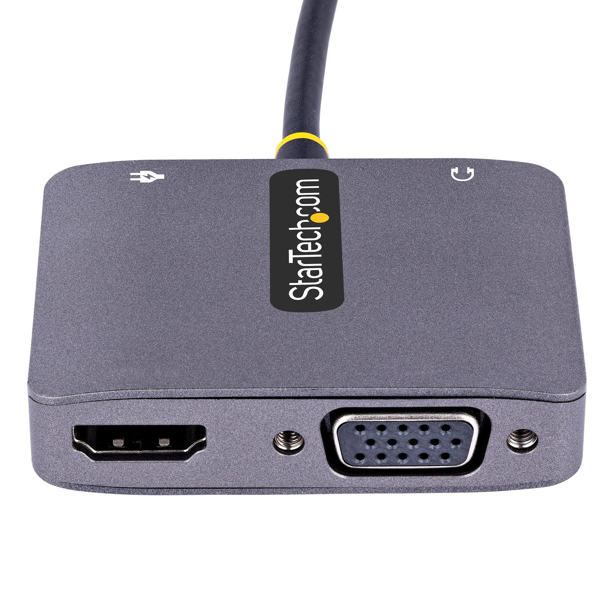 StarTech 122-USBC-HDMI-4K-VGA USB-C Video Adapter – 4K 60Hz, VGA, 100W PD, 3-Year Warranty side view showing ports