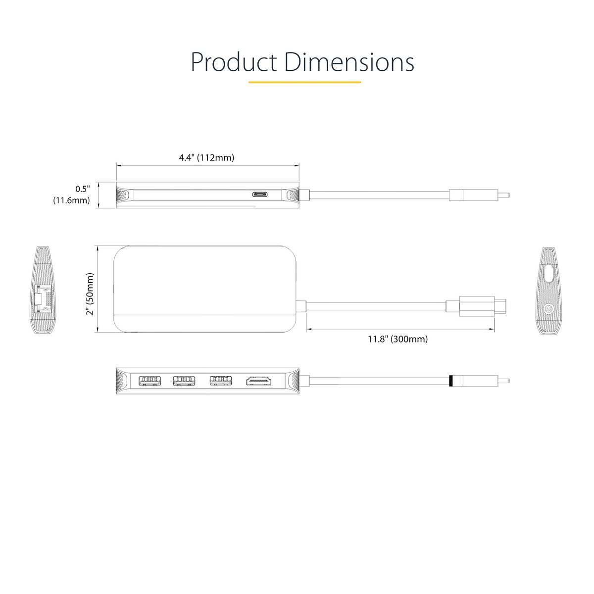 StarTech 127B-USBC-MULTIPORT 6-in-1 USB-C Dock – 4K 60Hz, Gigabit Ethernet, 100W PD, 3-Year Warranty rear view showing all