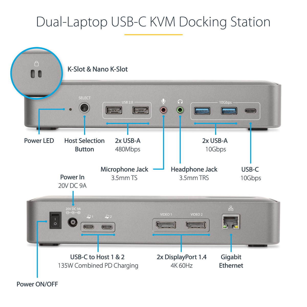 StarTech Dual USB-C KVM Docking Station angle C perspective