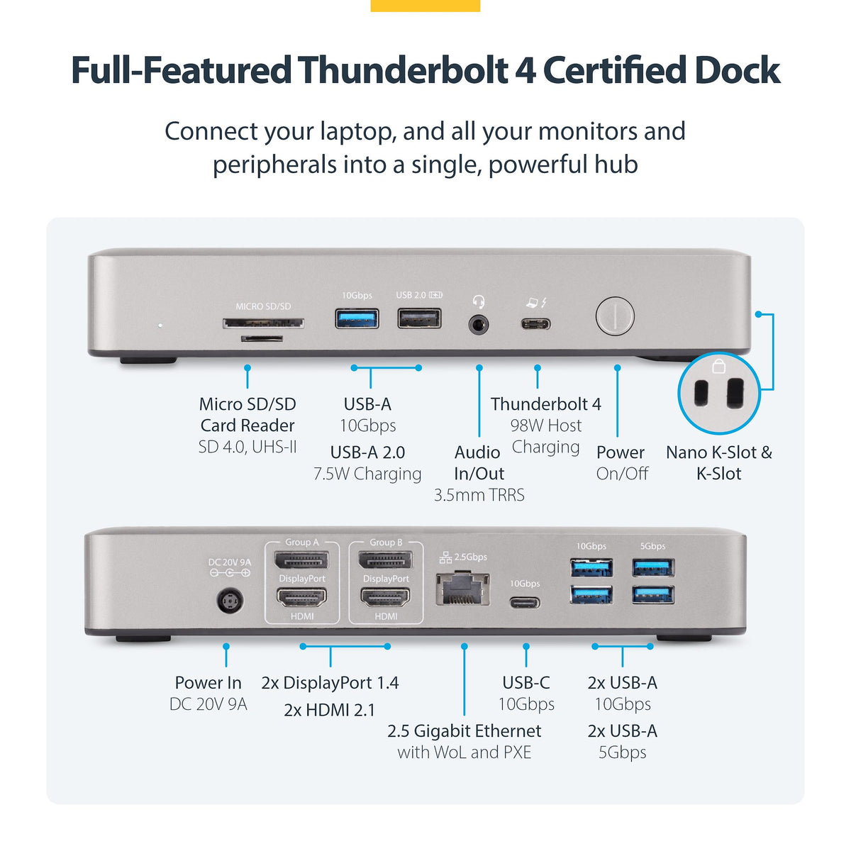 StarTech 132N-TB4USB4DOCK side angle highlighting Thunderbolt and USB4 connectors