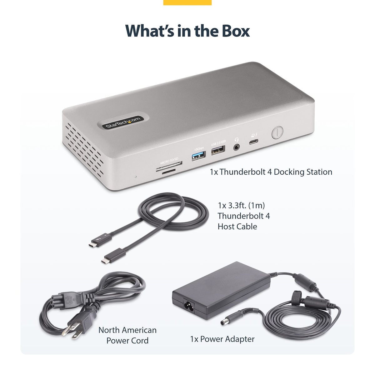 StarTech 132N-TB4USB4DOCK packaged unit with accessories laid out