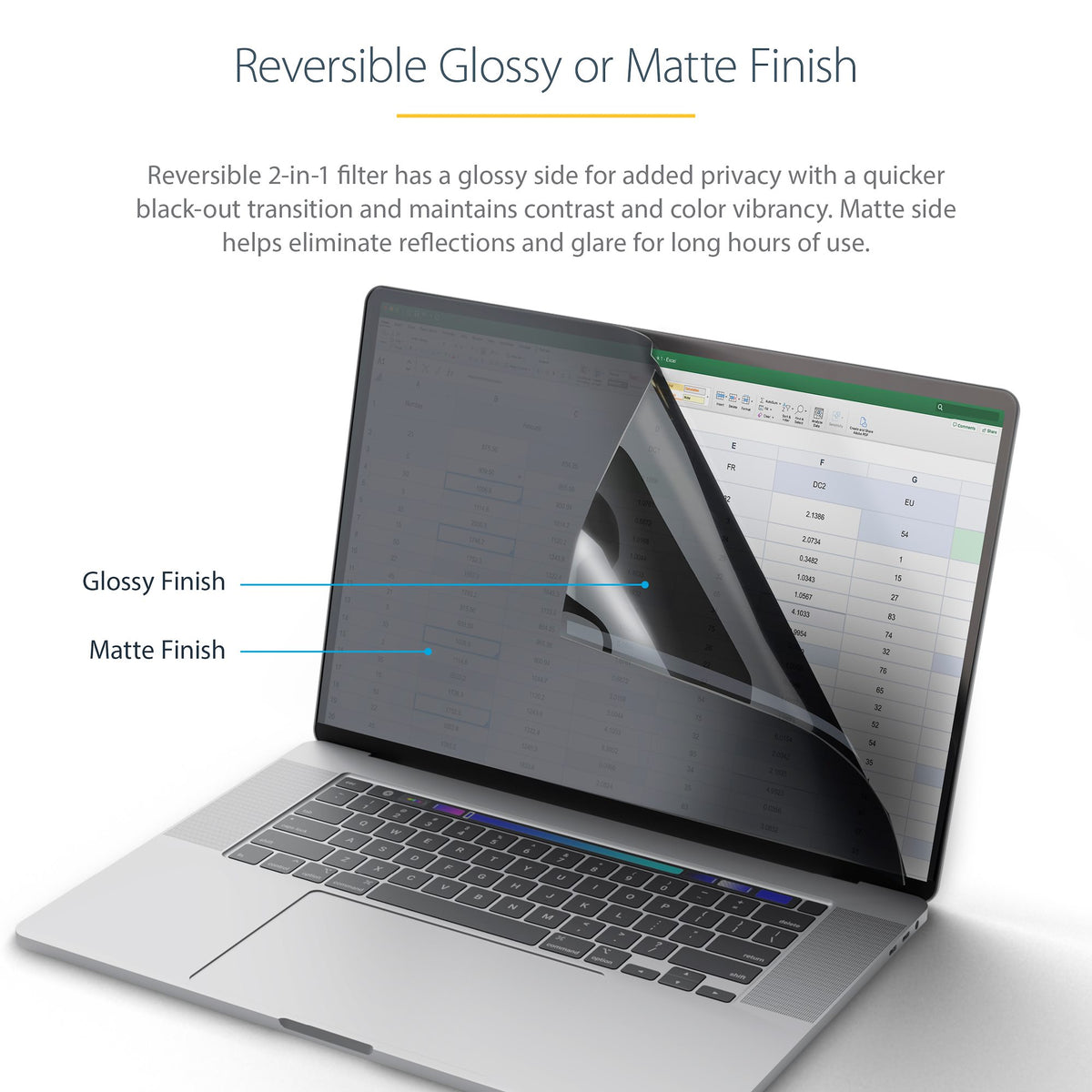 StarTech 133MF-PRIVACY-SCREEN 13.3-Inch MacBook Pro M1/M2 Privacy Filter showing flip‑over matte and glossy finish
