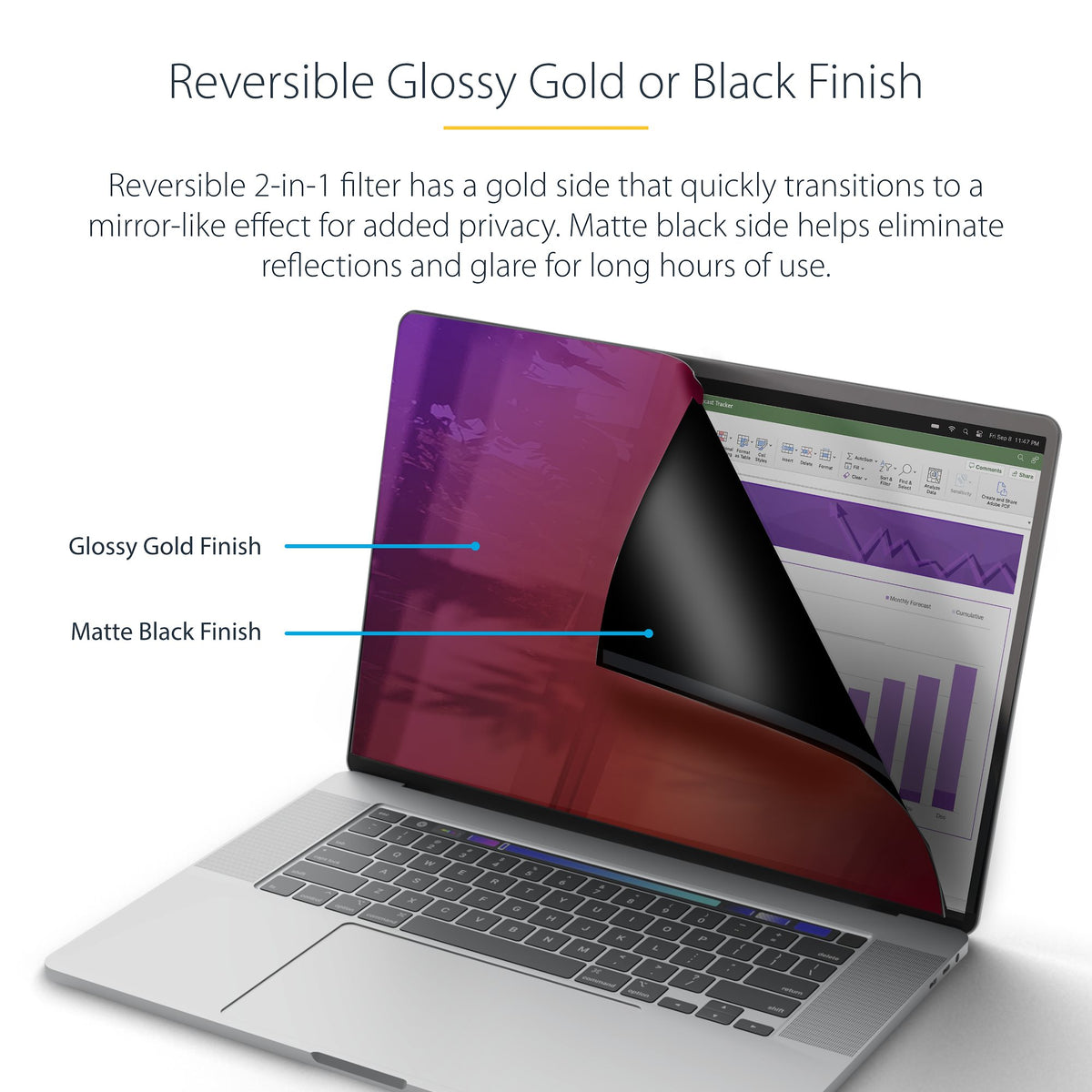 StarTech 142MG-PRIVACY-SCREEN 14-Inch MacBook Pro Gold Privacy Filter showing gold glossy side on a flat surface