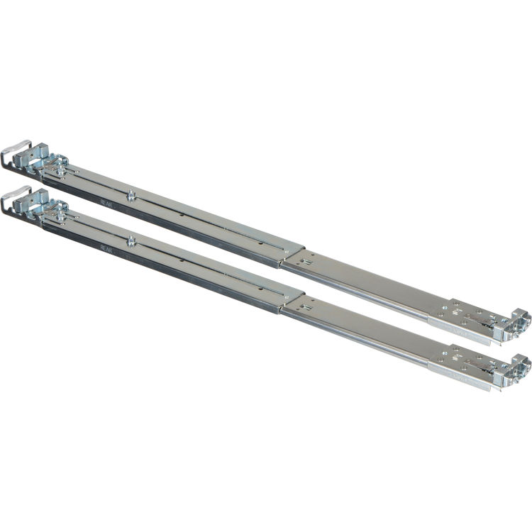 Two long metal drawer slide rails with mounting brackets, shown on a plain white background.