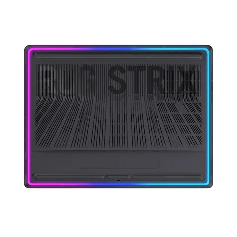 A black rectangular gaming accessory with a ribbed textured surface and the words 'ROG STRIX' printed across the top, framed by a glowing RGB LED border that shifts through purple, blue, and cyan on a white background.