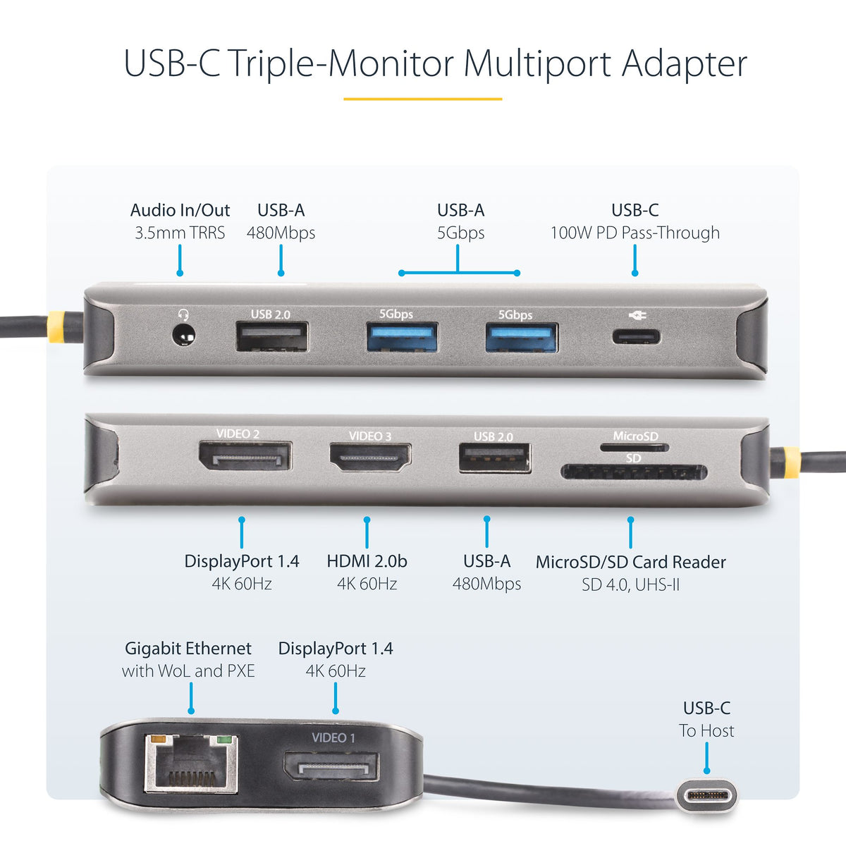 StarTech 154B-USBC-MULTIPORT USB-C Triple-Monitor Docking Station front view showing docking unit