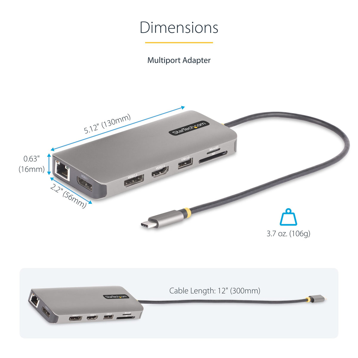 StarTech 154B-USBC-MULTIPORT USB-C Triple-Monitor Docking Station front view showing ports and connectors