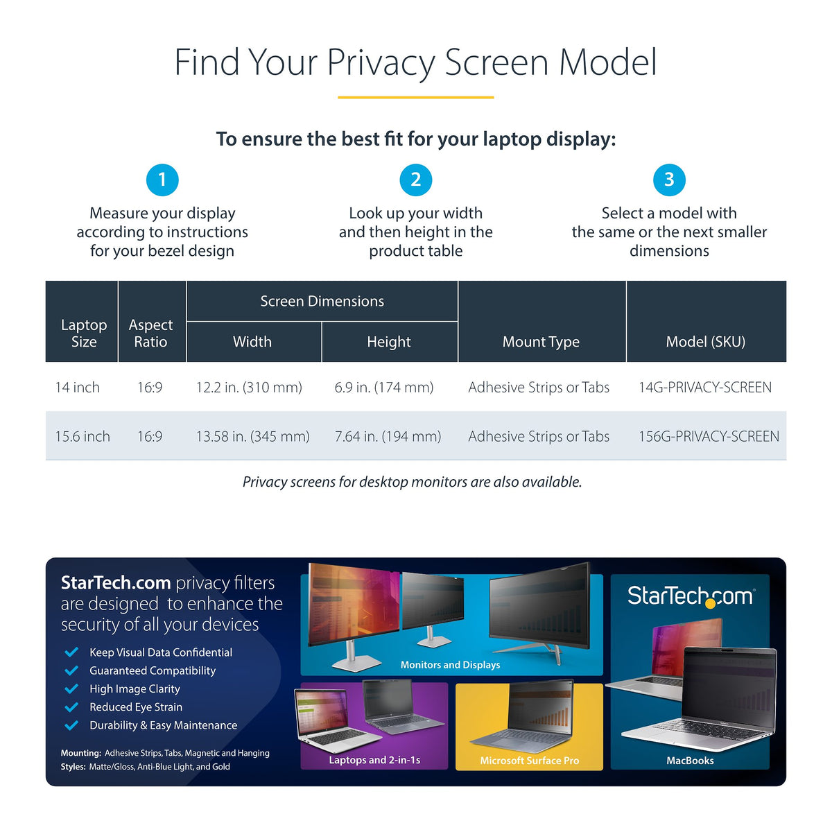 StarTech 156G-PRIVACY-SCREEN gold laptop privacy screen displayed against a neutral background