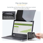StarTech 156LT-PRIVACY-SCREEN 15.6-Inch Flip-Up Touch Privacy Screen attached to a laptop, showing the flip‑up screen closed