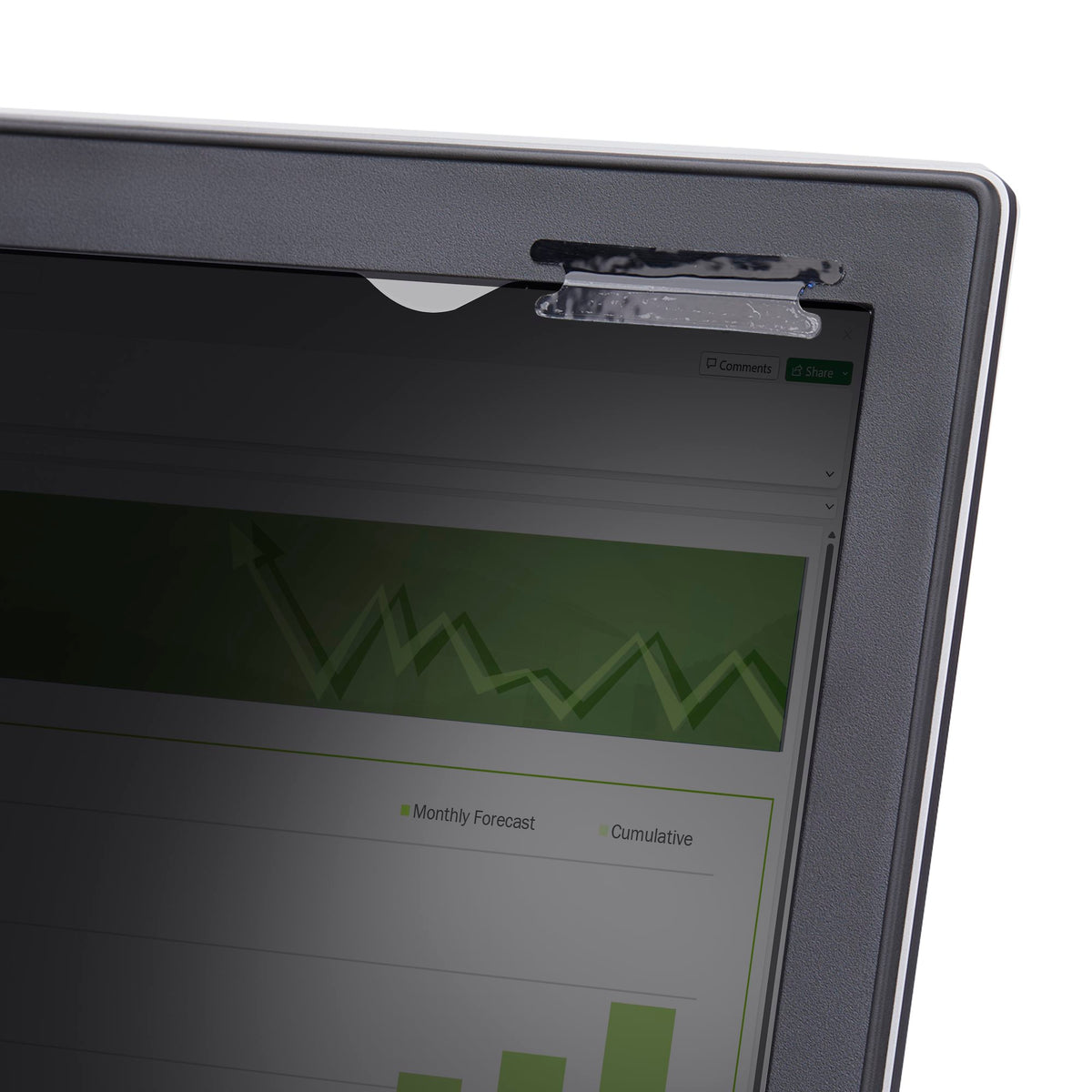 StarTech 156T6-PRIVACY-SCREEN 15.6-Inch 16:10 Flip-Up Touch Privacy Screen showing the folded privacy filter attached to a