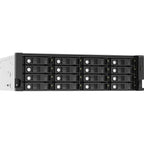 Black server rack with multiple drive bays on a white background