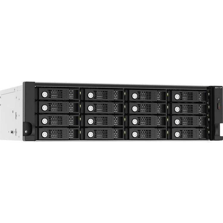 Black server rack with multiple drive bays on a white background