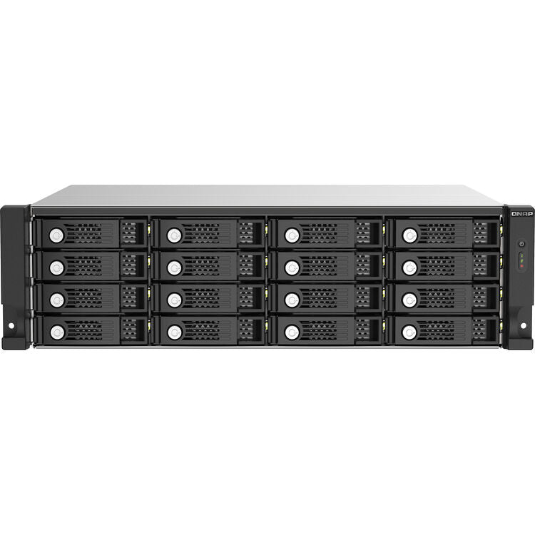 A 1U rack-mount server with 16 hot-swap drive bays, featuring a black front panel with silver drive enclosures and a silver top chassis, shown against a plain white background.