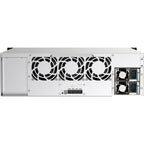 The rear view of a white server chassis with three large cooling fans, a handle on top, and dual power supply units on the right side, shown against a plain white background.