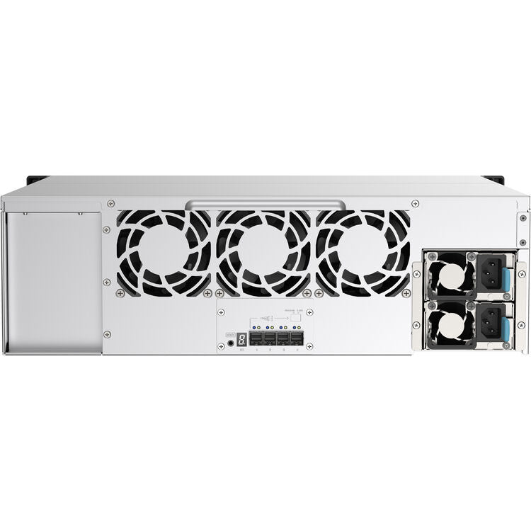 The rear view of a white server chassis with three large cooling fans, a handle on top, and dual power supply units on the right side, shown against a plain white background.