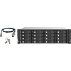 A 16-drive enterprise RAID server rack in black, shown with a short network cable and two keys on a plain white background.