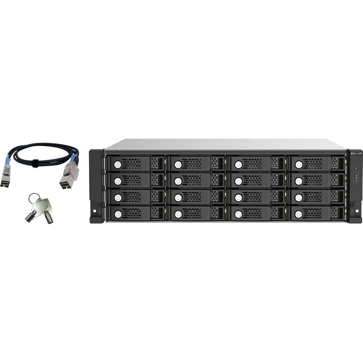 A 16-drive enterprise RAID server rack in black, shown with a short network cable and two keys on a plain white background.