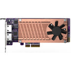 A PCI Express graphics card featuring a large copper heat sink, a black cooling fan, and a purple circuit board with two video output ports on the left, shown against a plain white background.