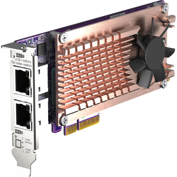 Computer network adapter card with cooling fins and fan on a white background