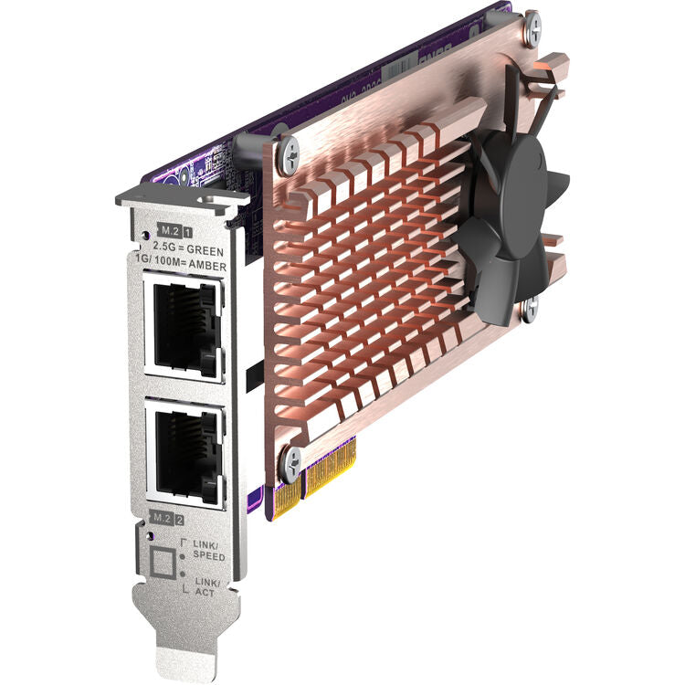 A high-speed 2.5G/1000M/AMBER network card with a large copper-colored heatsink, a black cooling fan, and two RJ45 Ethernet ports on a silver metal bracket, shown on a clean white background.