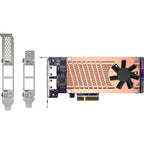 A PCI Express graphics card with a copper heat sink, black cooling fan, and purple circuitry, shown alongside two silver metal PCIe bracket modules on a plain white background.