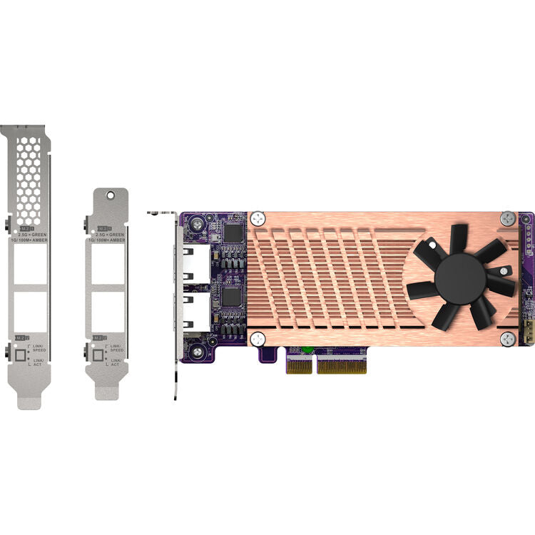 A PCI Express graphics card with a copper heat sink, black cooling fan, and purple circuitry, shown alongside two silver metal PCIe bracket modules on a plain white background.