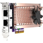 Computer network adapter card with copper heat sink and fan on a white background